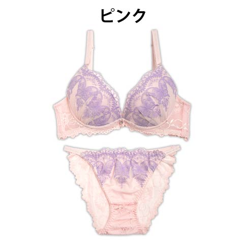 ラメバタフライ刺繍ブラジャー&バック透けフルバックショーツ[プチプラ](ピンク-A70/ショーツM)