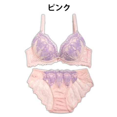 【EFサイズ】ラメバタフライ刺繍ブラジャー&バック透けフルバックショーツ(ピンク-E70/ショーツM)