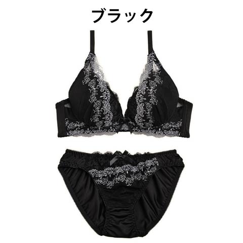 【EFサイズ】ダブルレース薔薇刺繍ブラジャー&フルバックショーツ/(ブラック-E70/ショーツM)