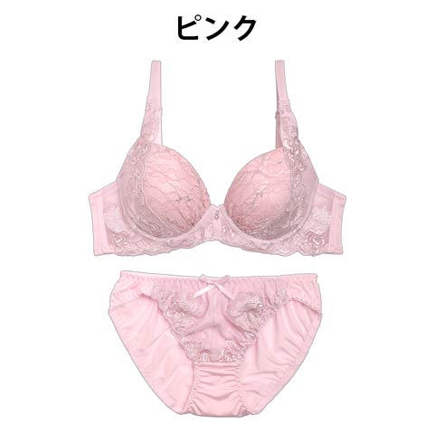 【EFサイズ】Prettyフラワー刺繍ブラジャー&フルバックショーツ(ピンク-E65/ショーツM)
