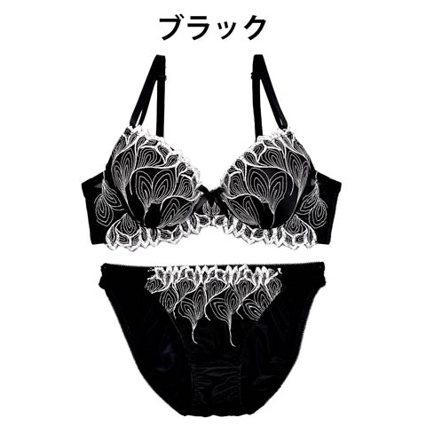 【EFサイズ】モノトーンモダン刺繍ブラジャー&フルバックショーツ(ブラック-E65/ショーツM)