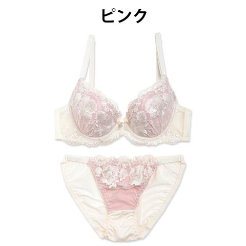 【三上悠亜着用】【EFサイズ】エレガンスフラワー刺繍ブラジャー&フルバックショーツ(ピンク-E65/ショーツM)
