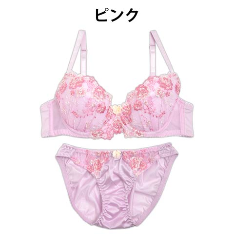 【GHサイズ】フレッシュローズ刺繍ブラジャー&フルバックショーツ(ピンク-G70/ショーツM)