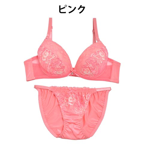【EFサイズ】ビューティーローズ刺繍ブラジャー&フルバックショーツ(ピンク-E70/ショーツM)