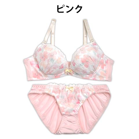 【EFサイズ】ピュアレースx花柄シフォンブラジャー&フルバックショーツ(ピンク-E70/ショーツM)