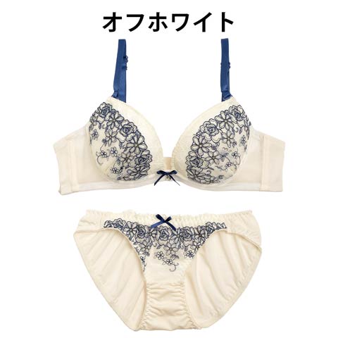 【EFサイズ】フラワーラメ刺繍ブラジャー&フルバックショーツ(オフホワイト-E70/ショーツＭ)