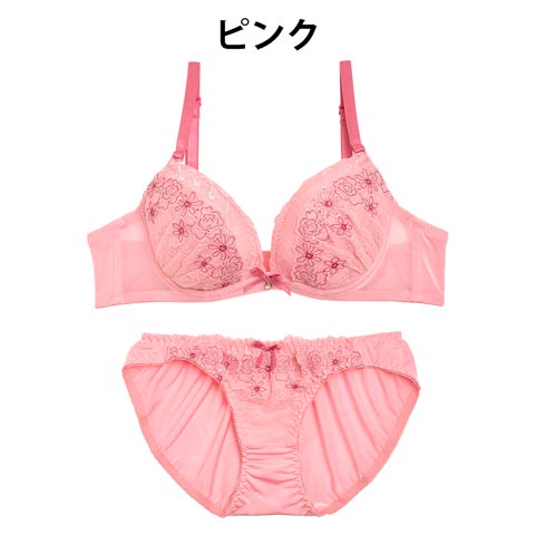 【EFサイズ】フラワーラメ刺繍ブラジャー&フルバックショーツ(ピンク-E70/ショーツＭ)