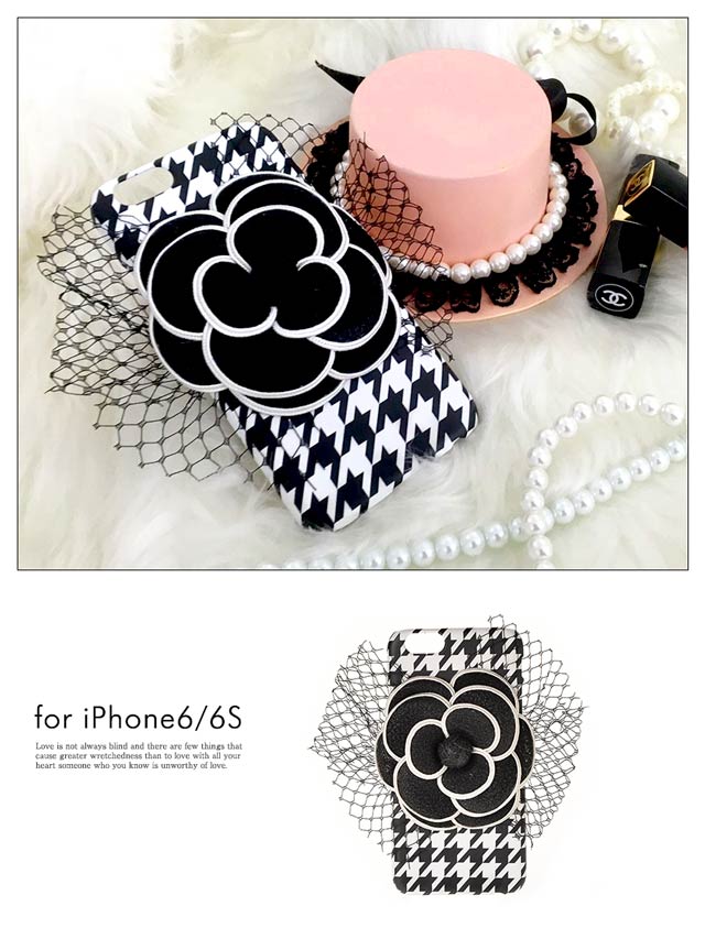 iPhone6/6s千鳥格子柄BIGカメリアフラワーモチーフケース(モノクロ-フリー)