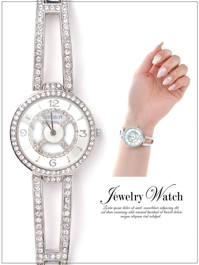 ぐるぐる時計ピンクゴールド＆シルバーラインストーンジュエリードレスウォッチ