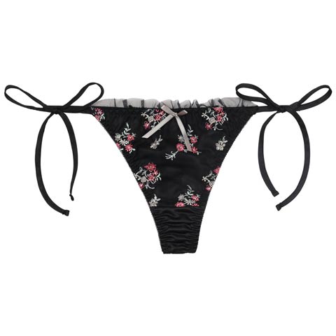 フローラルガーリーフリルサイド紐Tバックショーツ単品[おそろいショーツ](ブラック-M)