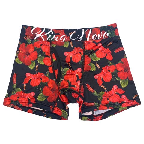 ビビットハイビスカスプリント男性用ボクサーパンツ(ブラックハイビスカス-M)