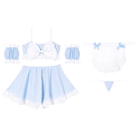 [5点セット]ギンガムチェックリボンメイドコスプレランジェリー(サックス-フリー)