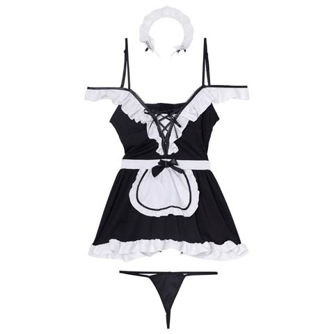 [3点セット]プリティーレースアップメイド風コスプレランジェリー(ブラック-フリー)