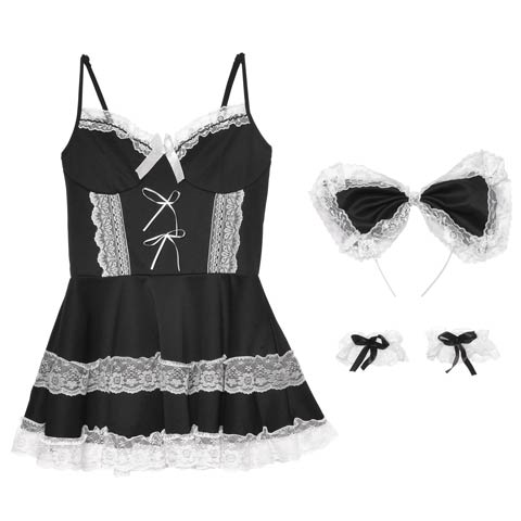 [3点セット]ゴシックガーリーメイド風コスプレランジェリー(ブラック-M)