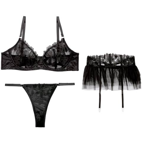 3/25新作!【3点セット】ノーブルシアーブルームブラジャー&Tバックショーツ&ガーターベルト(ブラック-S)