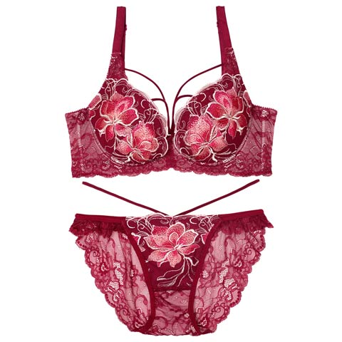 【永尾まりや着用】【Reinest】エターナルディープフラワー育乳脇高★魔法のブラジャー&バック透けフルバックショーツ［大人気］(ルージュバーガンディ-A65/ショーツM)