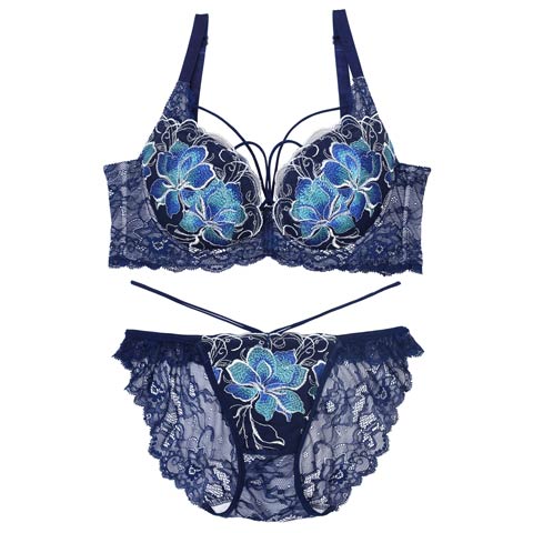 【永尾まりや着用】【Reinest】エターナルディープフラワー育乳脇高★魔法のブラジャー&バック透けフルバックショーツ［大人気］(ロイヤルネイビー-A65/ショーツM)