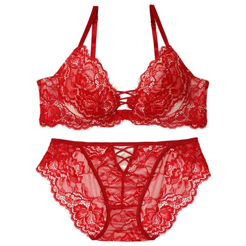10/16再販!【Reinest】ラグジュアリースピンドルレースブラジャー&バック透けフルバックショーツ［大人気］(レッド-A65/ショーツM)