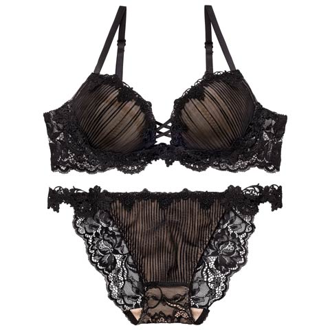 3/18新作!【Reinest】ドレッシーチュールプリーツブラジャー&バック透けフルバックショーツ［大人気］(ブラック-A65/ショーツM)