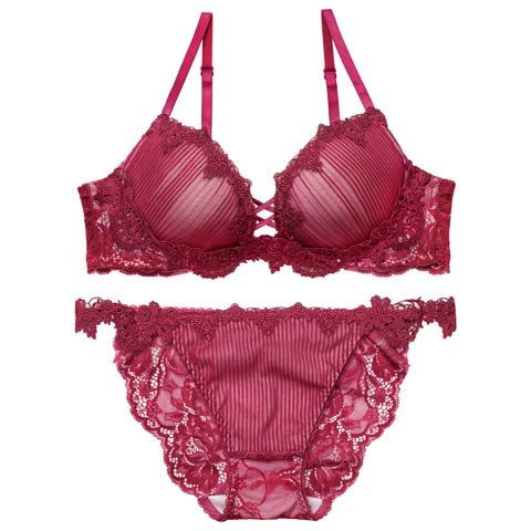 3/18新作!【Reinest】ドレッシーチュールプリーツブラジャー&バック透けフルバックショーツ［大人気］(ボルドー-A65/ショーツM)
