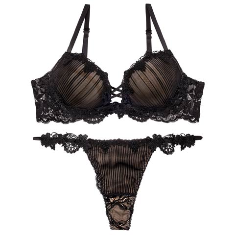 3/18新作!【Reinest】ドレッシーチュールプリーツブラジャー&バック透けTバックショーツ［大人気］(ブラック-A65/ショーツM)