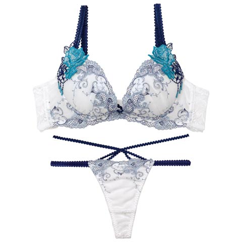 【永尾まりや着用】【Reinest】マジェスティックアイビーコードブラジャー&バック透けTバックショーツ［大人気］(ホワイトブルー-A65/ショーツM)