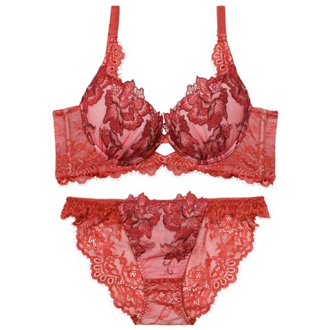 12/19新作!【Reinest】シャルムローズレース育乳脇高★魔法のブラジャー&バック透けフルバックショーツ［大人気］(レッド-A65/ショーツM)