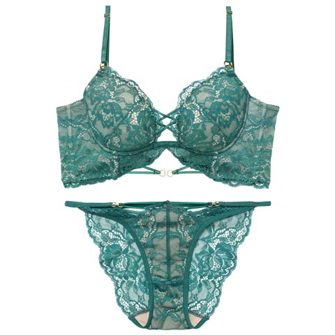 3/9新作!【Reinest】アリュールノクターンレース背中魅せブラジャー＆バック透けフルバックショーツ［大人気］(グリーン-A65/ショーツM)