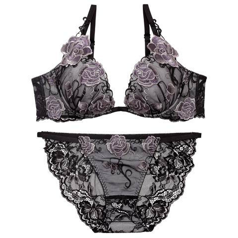 4/17新作!【Reinest】リュクスローズエンブロイダリーブラジャー&バック透けフルバックショーツ［大人気］(ブラック-A65/ショーツM)