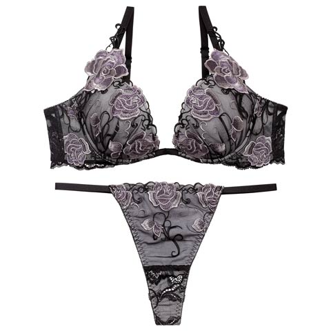 4/17新作!【Reinest】リュクスローズエンブロイダリーブラジャー&バック透けTバックショーツ［大人気］(ブラック-A65/ショーツM)
