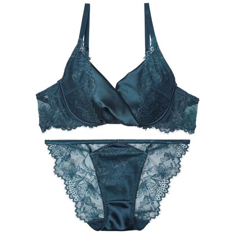 11/20再販!【Reinest】グロッシーリュクスサテンブラジャー&バック透けフルバックショーツ［大人気］(グリーン-A65/ショーツM)