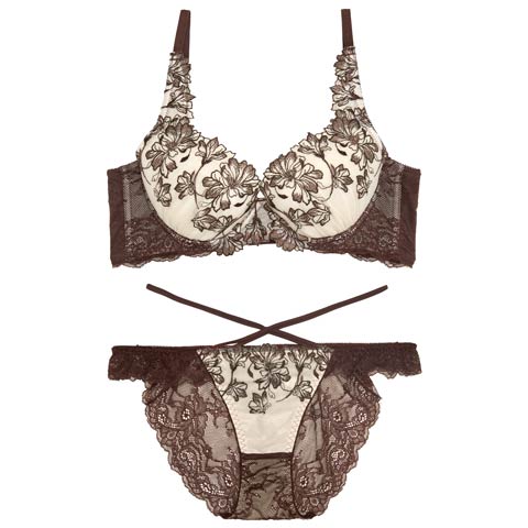 10/27新作!【永尾まりや着用】【Reinest】ビューティフォールフラワーブラジャー&バック透けフルバックショーツ［大人気］(ブラウン-A65/ショーツM)