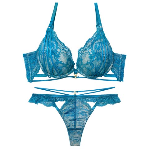 2/4新作!【Reinest】センシュアルレーシィコードブラジャー&バック透けTバックショーツ［大人気］(ピーコックブルー-A65/ショーツM)