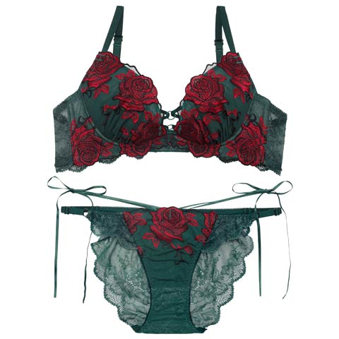 3/27新作!【Reinest】グラマラスビターローズブラジャー&バック透けフルバックショーツ［大人気］(グリーン-A65/ショーツM)
