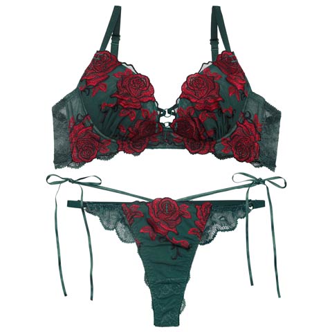 3/27新作!【Reinest】グラマラスビターローズブラジャー&バック透けTバックショーツ［大人気］(グリーン-A65/ショーツM)