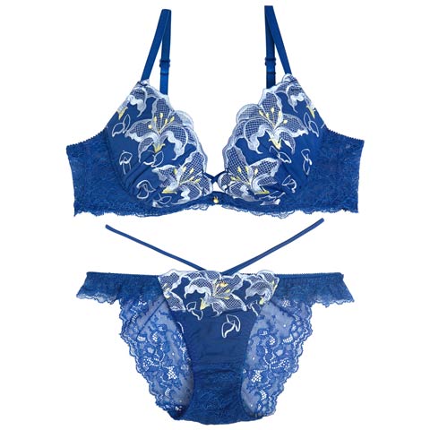 9/13再販!【永尾まりや着用】【Reinest】ノクターンブルームリリーブラジャー&バック透けフルバックショーツ［大人気］(ダークブルー-A65/ショーツM)