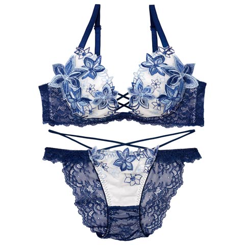 【12月頃再入荷決定★只今リクエスト募集中】【永尾まりや着用】【Reinest】ラグジュアリー クレマチスブラジャー&バック透けフルバックショーツ［大人気］(ネイビー-A65/ショーツM)