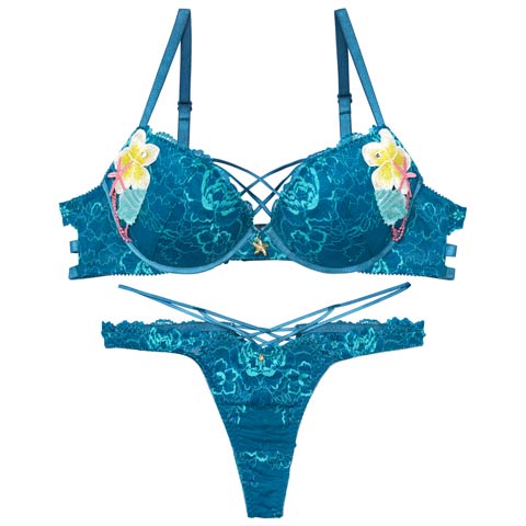 9/9再販!【永尾まりや着用】【Reinest】アクアオーシャンプルメリアブラジャー&バック透けTバックショーツ［大人気］(マリンブルー-A65/ショーツM)