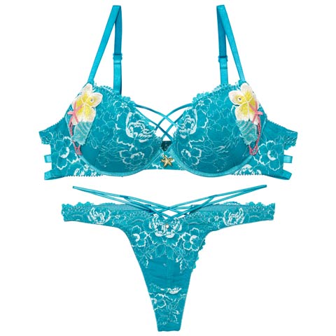 9/9再販!【永尾まりや着用】【Reinest】アクアオーシャンプルメリアブラジャー&バック透けTバックショーツ［大人気］(ターコイズブルー-A65/ショーツM)