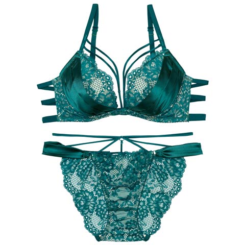 12/2再販!【Reinest】グラマラスサテンコードブラジャー&バック透けフルバックショーツ［大人気］(グリーン-A65/ショーツM)