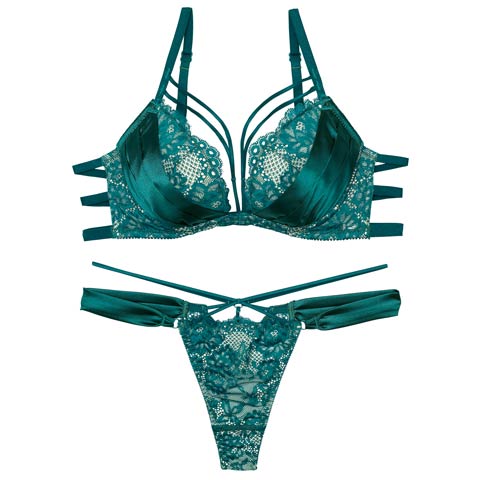 12/2再販!【Reinest】グラマラスサテンコードブラジャー&バック透けTバックショーツ［大人気］(グリーン-A65/ショーツM)