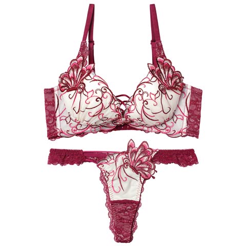 11/26新作!【永尾まりや着用】【Reinest】アラベスクパピヨンレース育乳脇高★魔法のブラジャー&バック透けTバックショーツ［大人気］(ワイン-A65/ショーツM)