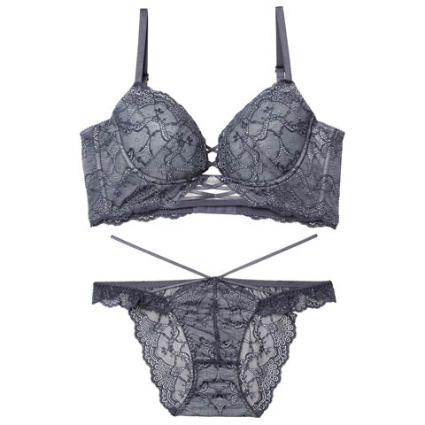 12/17新作!【Reinest】ラグジュアリーレースアップ背中魅せブラジャー＆バック透けフルバックショーツ［大人気］(ダークグレー-A65/ショーツM)