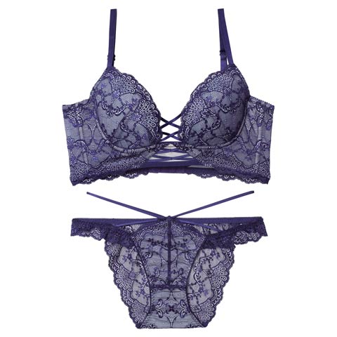 12/17新作!【Reinest】ラグジュアリーレースアップ背中魅せブラジャー＆バック透けフルバックショーツ［大人気］(ネイビー-A65/ショーツM)