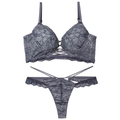 12/17新作!【Reinest】ラグジュアリーレースアップ背中魅せブラジャー＆バック透けTバックショーツ［大人気］(ダークグレー-A65/ショーツM)