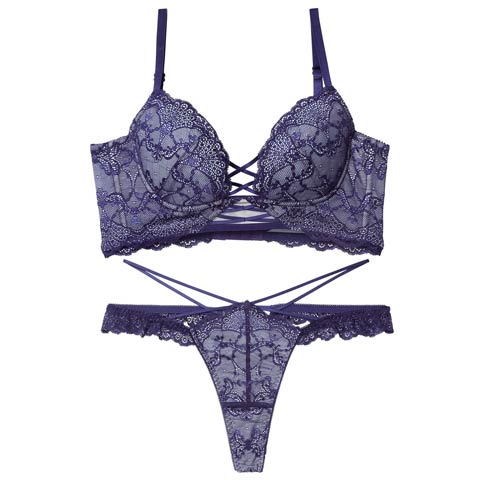 12/17新作!【Reinest】ラグジュアリーレースアップ背中魅せブラジャー＆バック透けTバックショーツ［大人気］(ネイビー-A65/ショーツM)