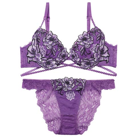 1/26新作!【Reinest】グラマラスブーケコードブラジャー＆バック透けフルバックショーツ［大人気］(パープル-A65/ショーツM)