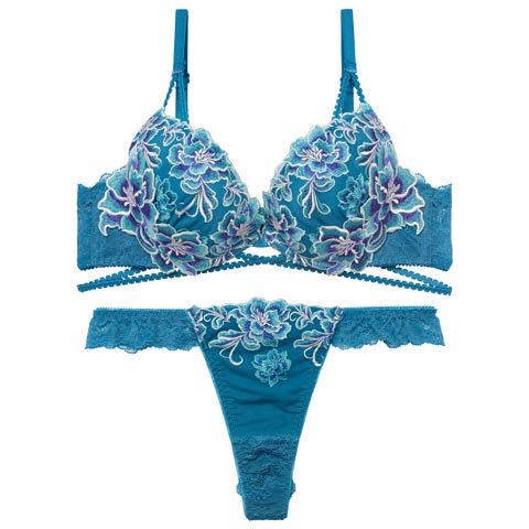 1/26新作!【Reinest】グラマラスブーケコードブラジャー＆バック透けTバックショーツ［大人気］(ブルー-A65/ショーツM)
