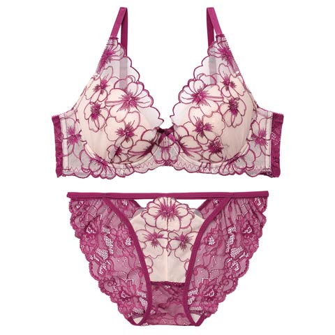 1/20再販!【Reinest】ロマンスビオラエンブロイダリーブラジャー&バック透けフルバックショーツ［大人気］(ワインレッド-A65/ショーツM)