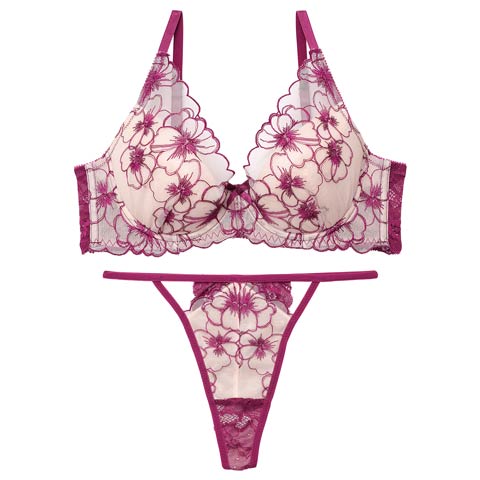 1/20再販!【Reinest】ロマンスビオラエンブロイダリーブラジャー&バック透けTバックショーツ［大人気］(ワインレッド-A65/ショーツM)